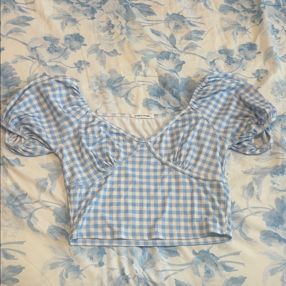 Blue Gingham Puff Sleeve Top